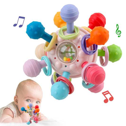 Anzimo baby sensory teether in pink atomic shape soothing teething gums.
