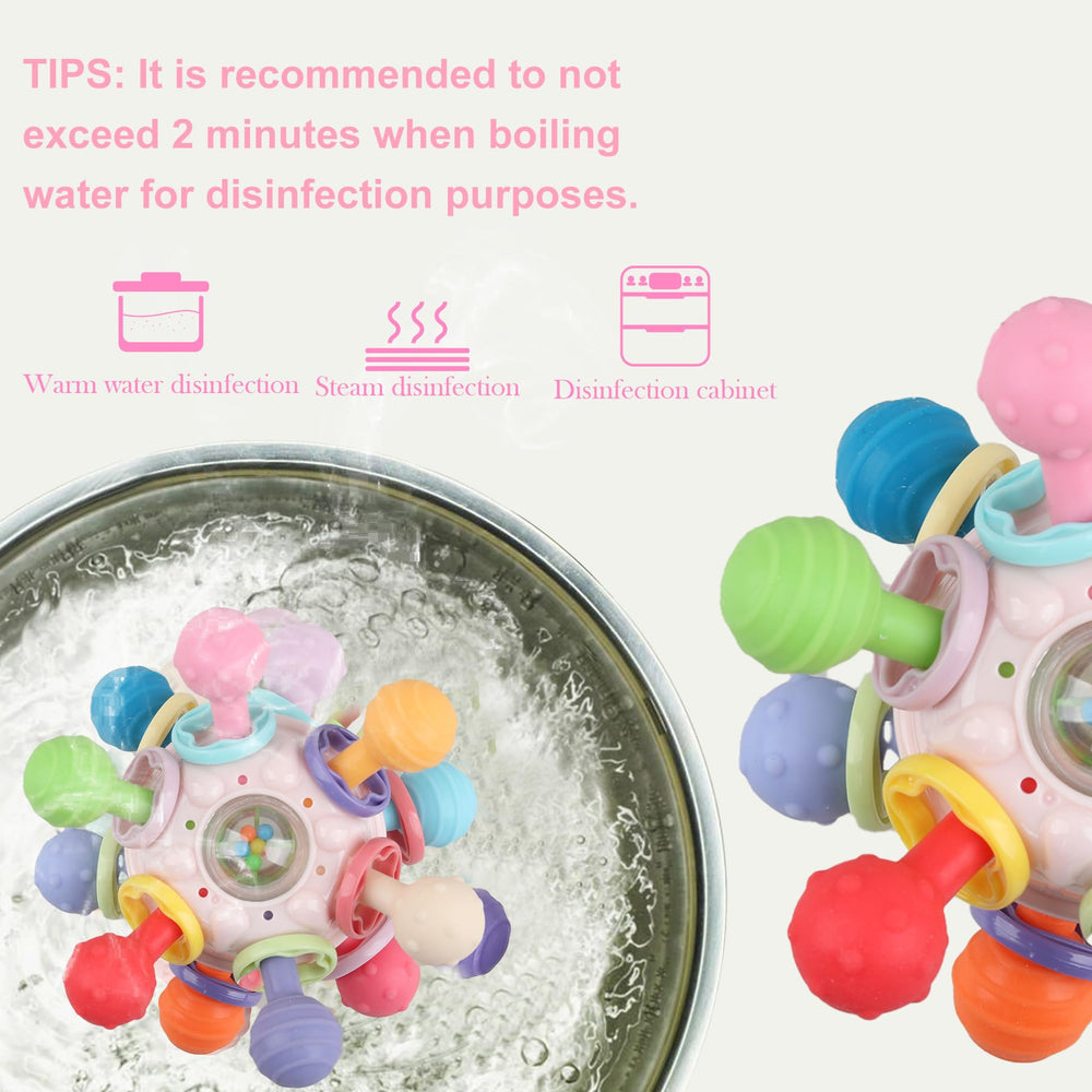 Anzimo teething toy with rotating ball and crinkle sounds.