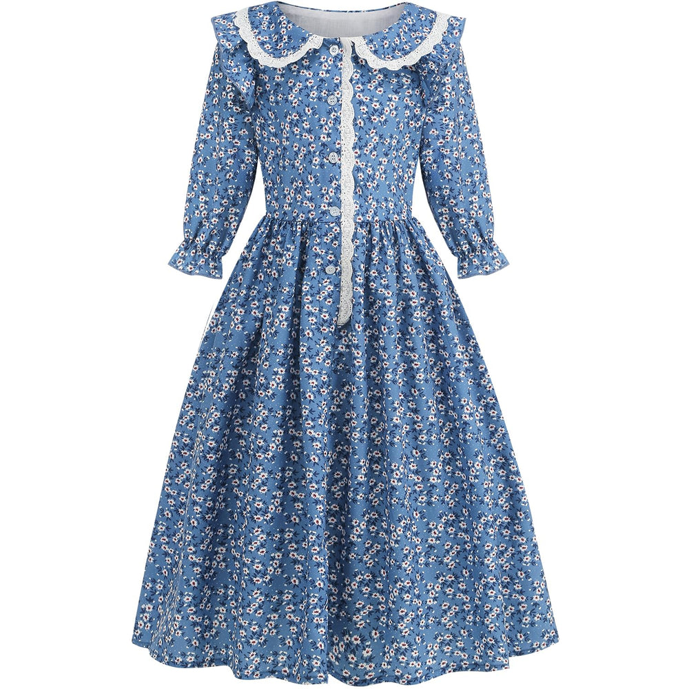 Aoiviss Girls Pioneer Dress blue bonnet-view featuring floral pattern and elastic back