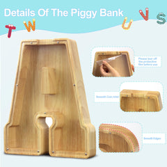 AORCMITN alphabet money bank wood grain closeup shows natural finish