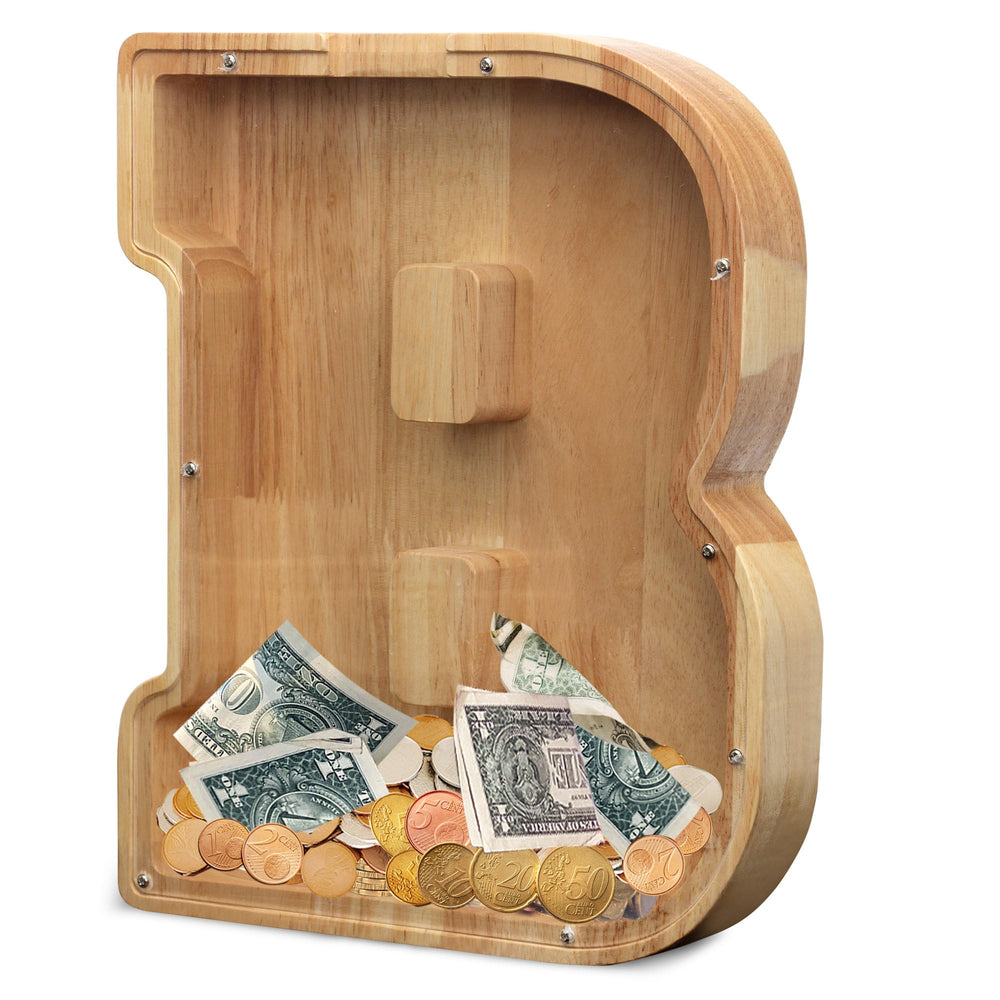 AORCMITN extra large wooden alphabet money bank with spacious capacity for coins.