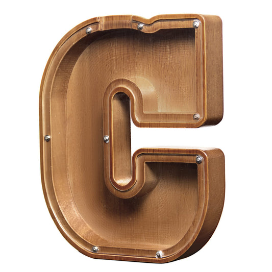 AORCMITN large wooden letter bank front view shows pine wood and clear window for easy savings.