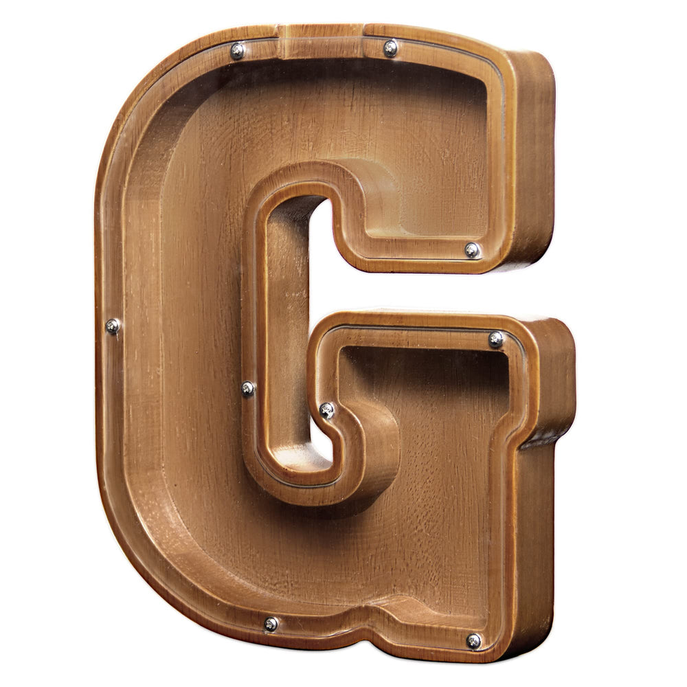 AORCMITN large wooden letter coin bank front view shows pine finish and clear window.