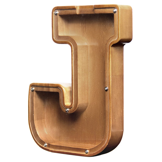 AORCMITN large wooden letter coin bank front view highlights natural pine wood, sturdy and playful.