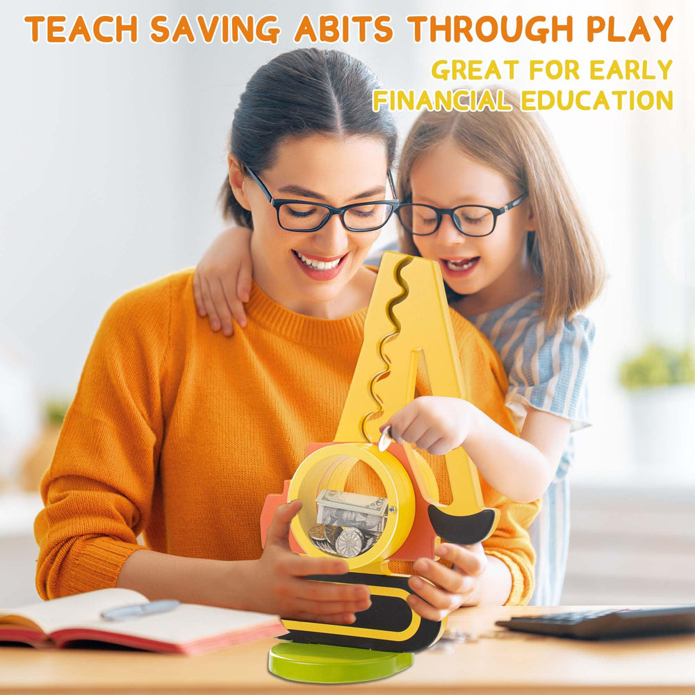 AORCMITN wooden excavator piggy bank with DIY stickers personalizes your child's savings