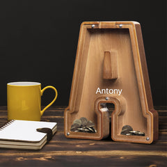 AORCMITN wooden letter piggy bank side view highlighting pine material and durable construction