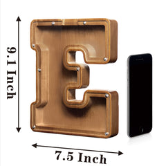 AORCMITN wooden letter piggy bank side view shows compact desk-friendly size.