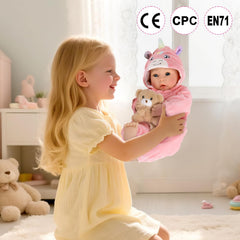 Aori soft vinyl head and cotton body balance realism with cuddly softness.
