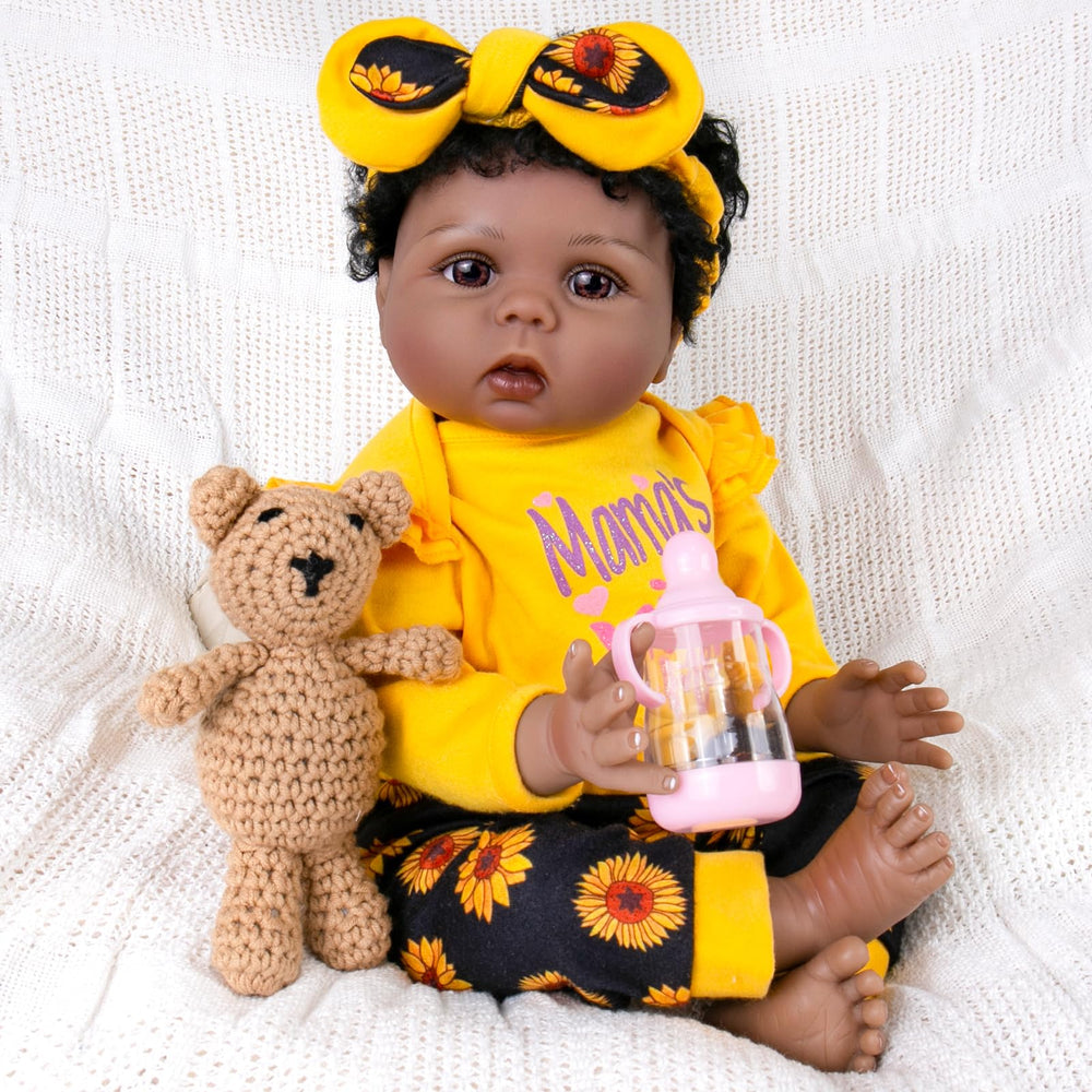 Aori Reborn 22-inch black baby doll full body pose for lifelike play.