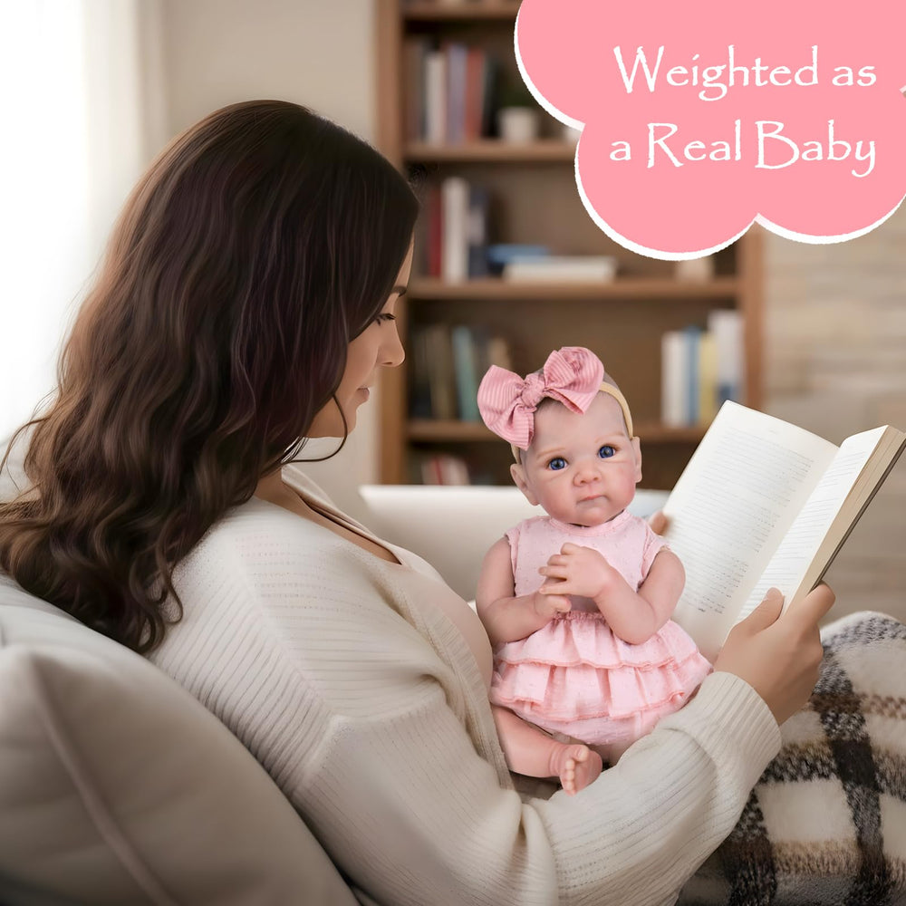Aori 20-inch doll showing rosebud lips and weighted body for lifelike feel.