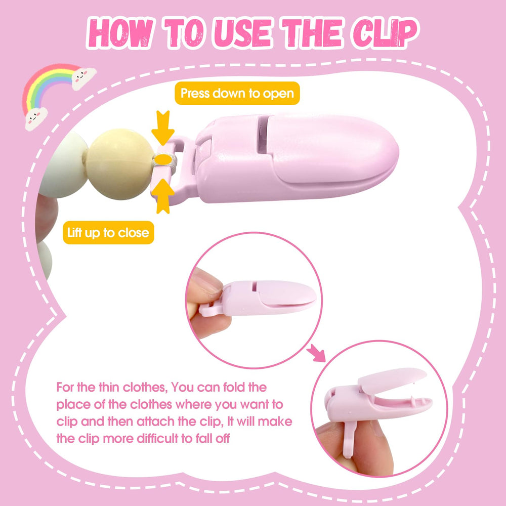 Soft bendable pacifier clip in pink designed for pretend play