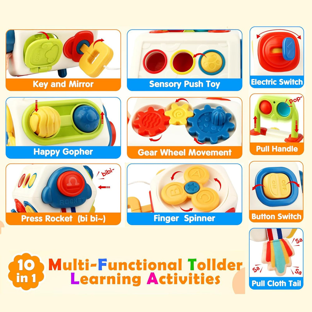 AotBlcer Busy Cube pushing bubbles promotes hand-eye coordination during play.