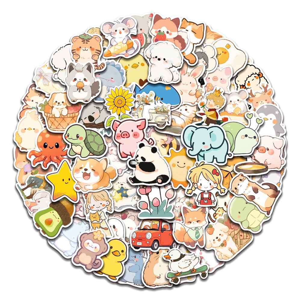 AOWDIAO 100 Pcs Cute Animal Stickers pack shows assorted designs for water bottles and notebooks.