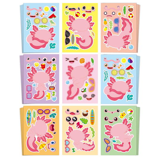 Aowplc Axolotl Make-a-Face sticker sheet front with eight designs for quick party favors