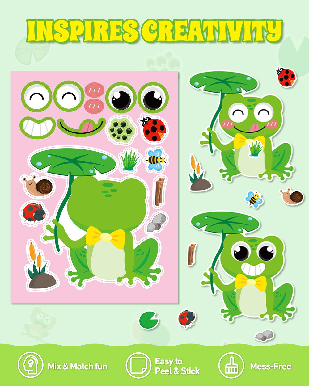 Aowplc frog make-a-face stickers—large 8.3x6 inch sheets for easy handling.