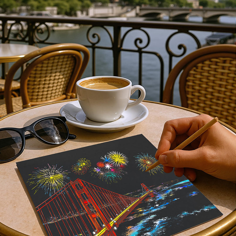 AP ARTSPER scratch art Golden Gate Bridge image invites vivid color layering for artful results.