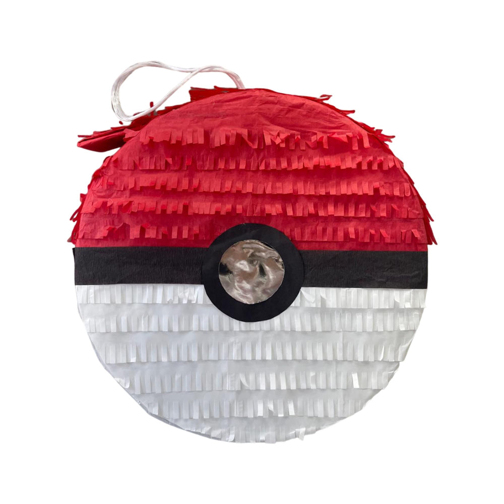 APINATA4U red and white ball pinata ready to hang for poke-themed birthday fun