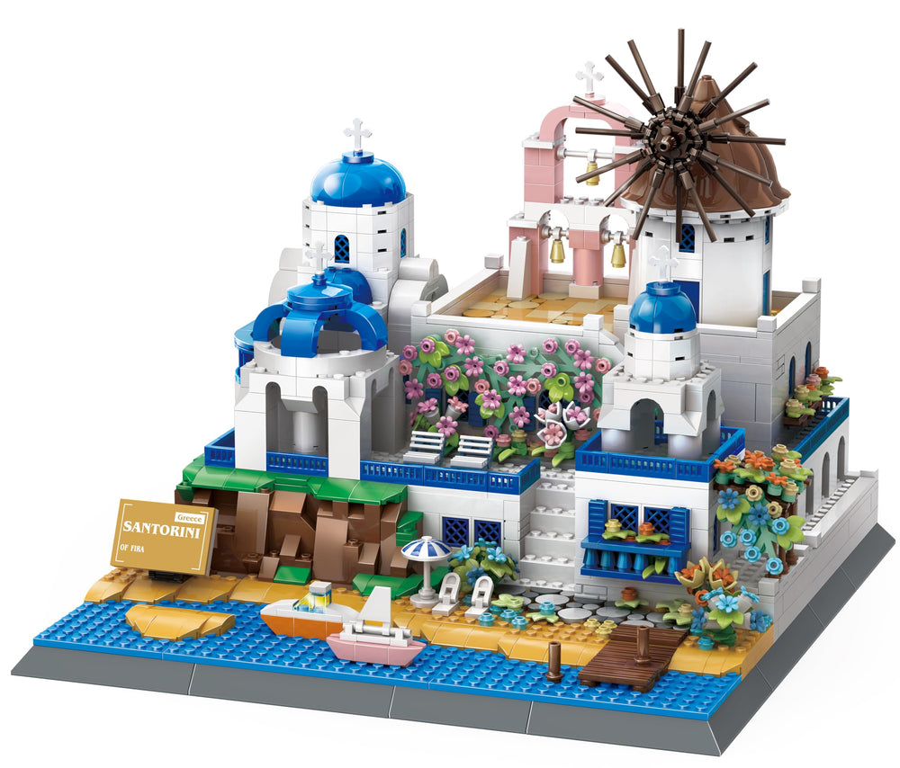 Apostrophe Games Santorini island display shows realistic details for a showcase piece