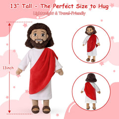 Apragaz Jesus plush doll side view, portable comfort for travel and church.