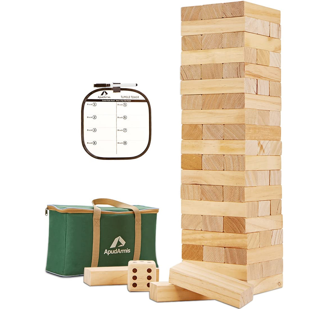 ApudArmis giant tumble tower shows rounded block edges for safe family play.
