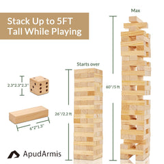ApudArmis tower high stacks demonstrate scalable challenge in family game nights.