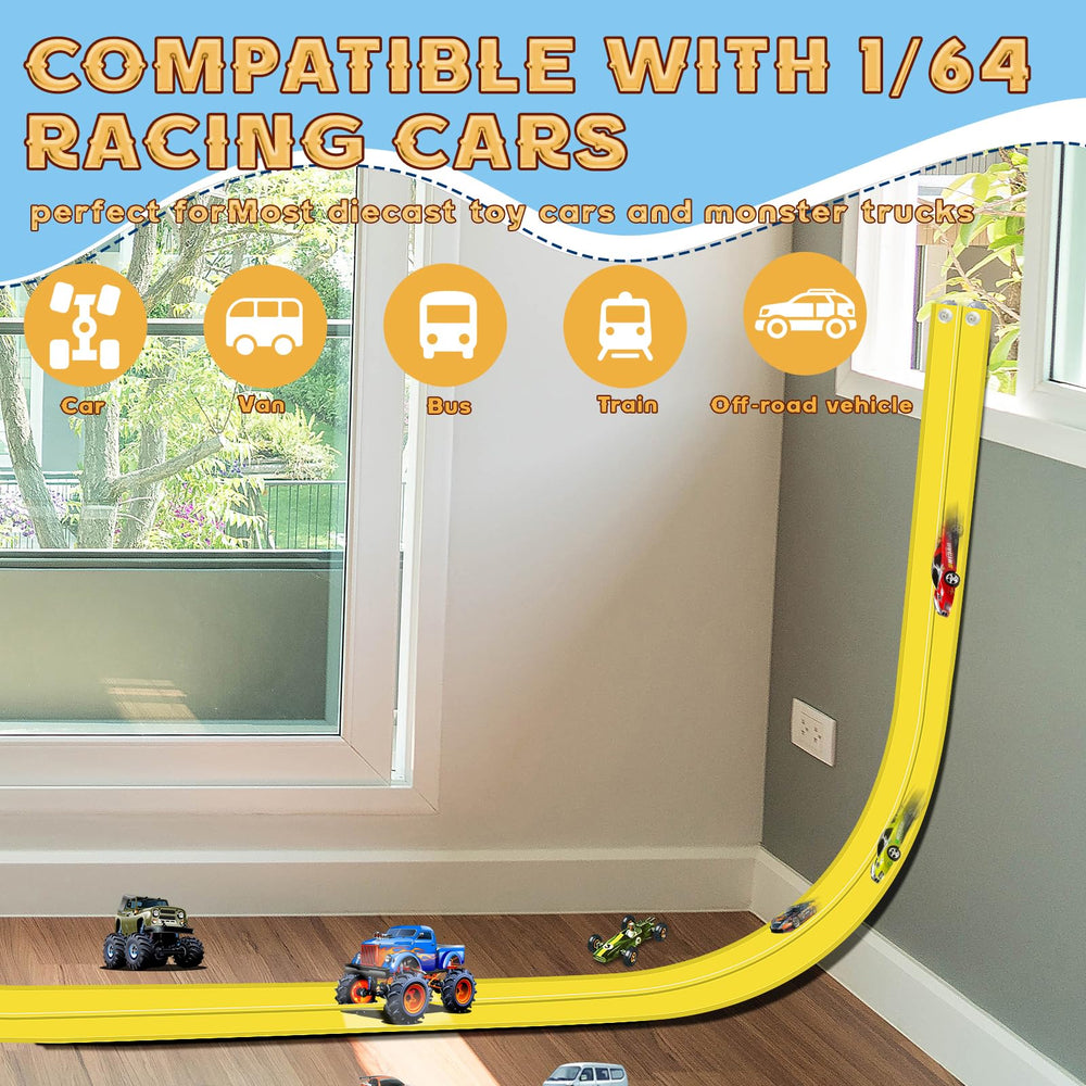 AQFR Flex Track diecast compatibility lets you race popular 1/64 scale cars.