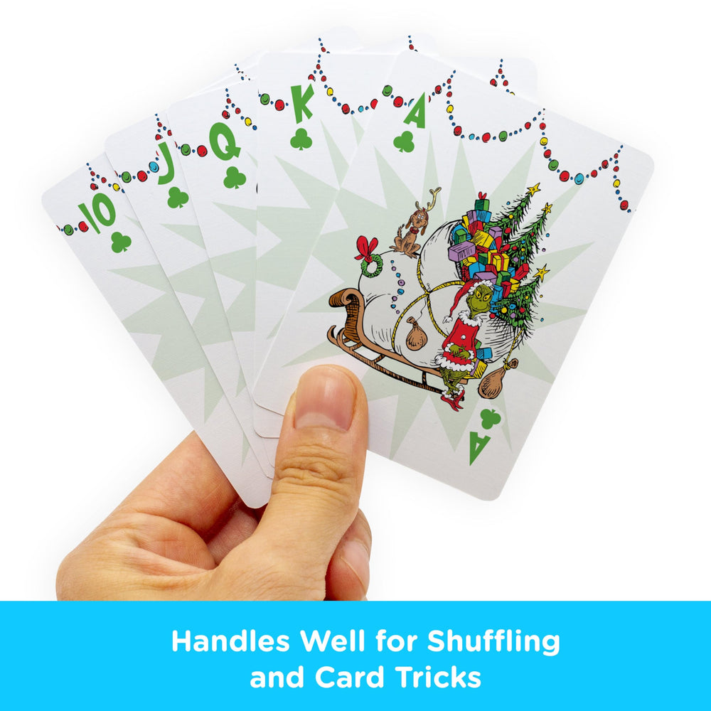 Aquarius Grinch playing cards box packaging image showcases gift-ready holiday packaging.