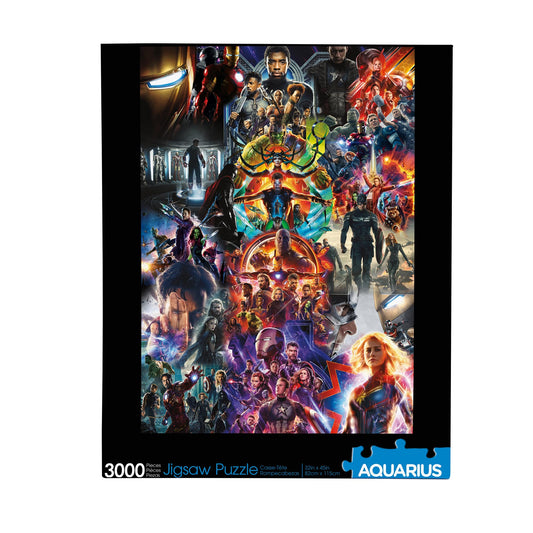 Aquarius Marvel collage puzzle front showing vibrant MCU posters for collectors
