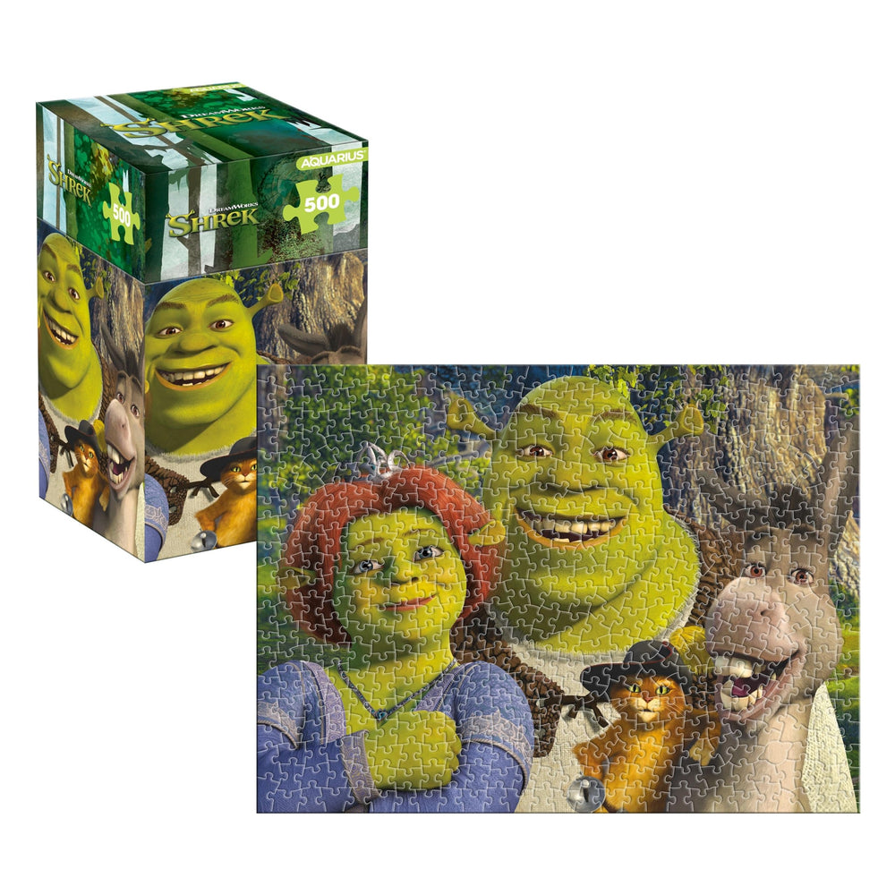 Aquarius Shrek 500-piece puzzle cover featuring beloved characters for family puzzle night