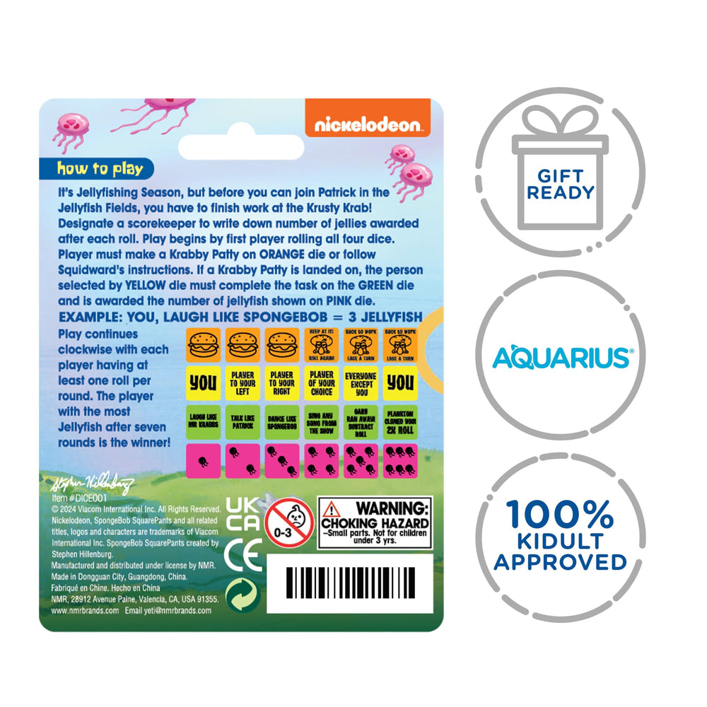 AQUARIUS SpongeBob jumping jellyfish dice game prompts on colorful cards for lively parties.