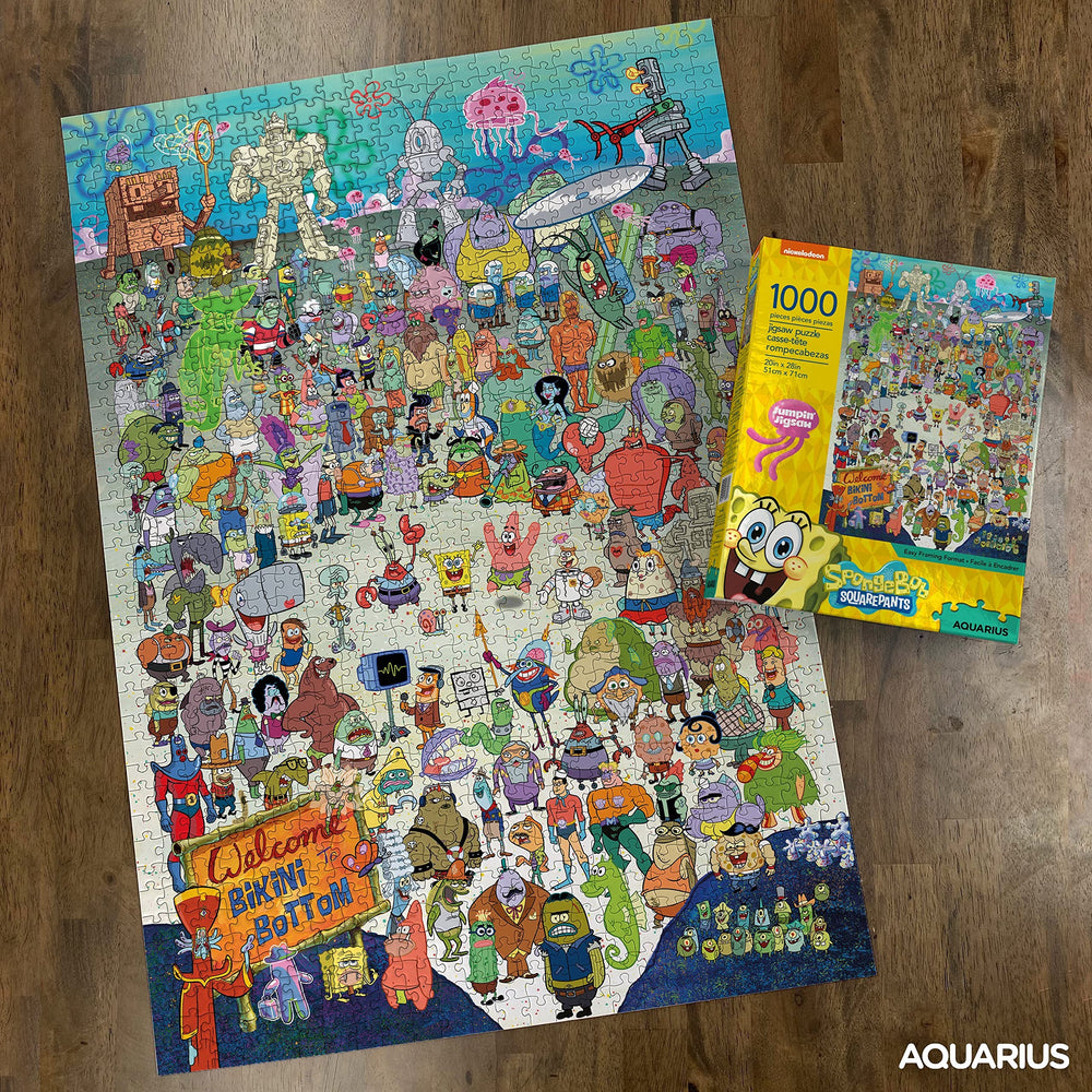 Aquarius SpongeBob puzzle pieces showcase vibrant colors for family game night.