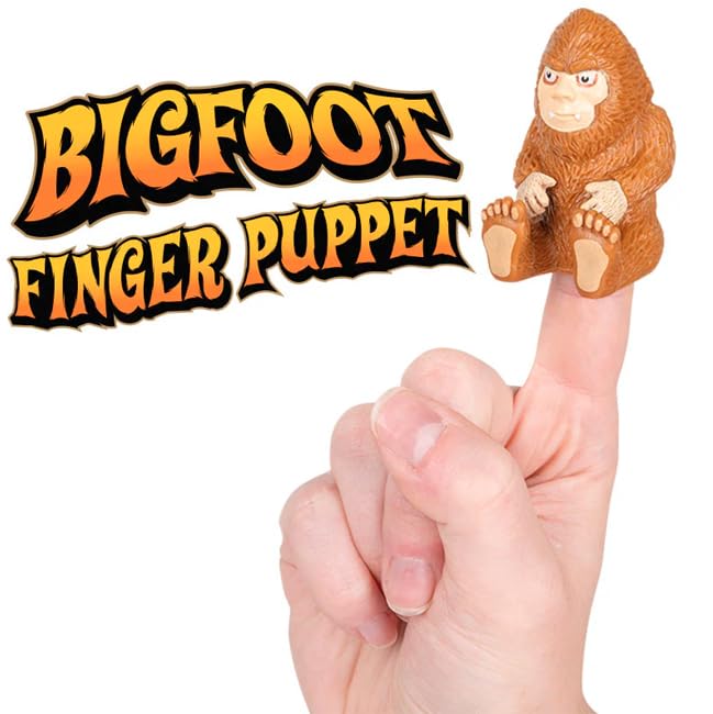 Archie McPhee Bigfoot finger puppet close-up in soft vinyl finish, delightful for imaginative play.