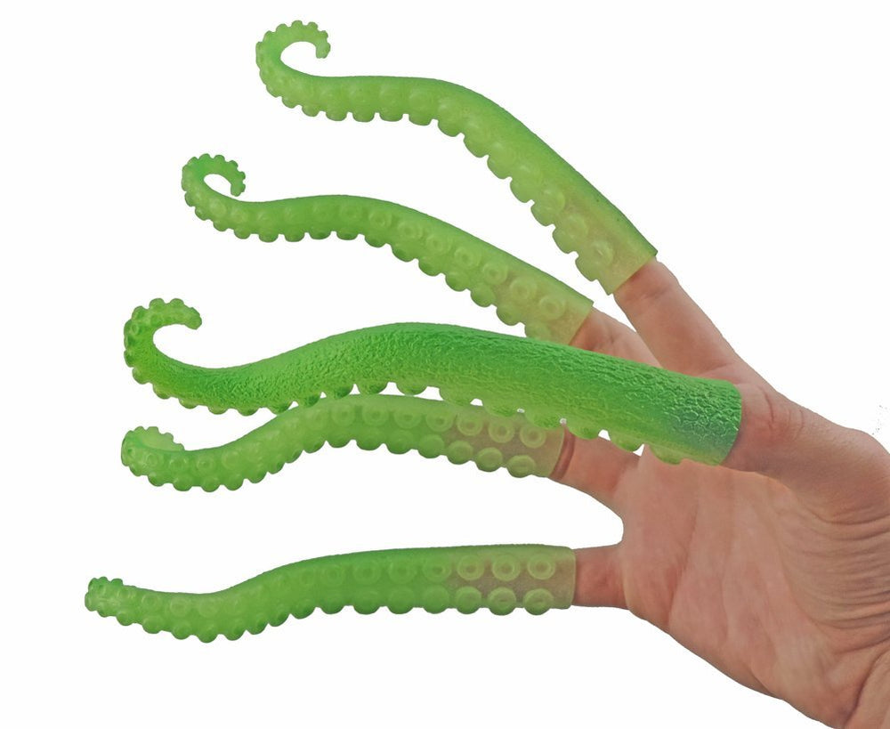 Archie McPhee glow-in-the-dark finger tentacles fit snugly on fingers for fun.