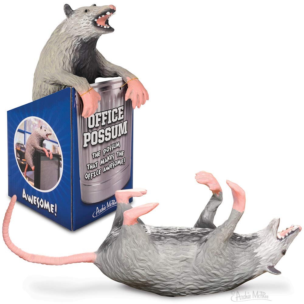 Archie McPhee Office Possum hanging on a trash can for playful desk decor