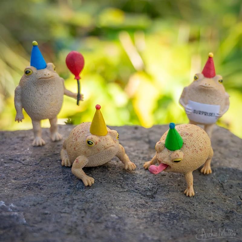 Archie McPhee party frog desk display, a quirky fidget figure that sparks conversation.