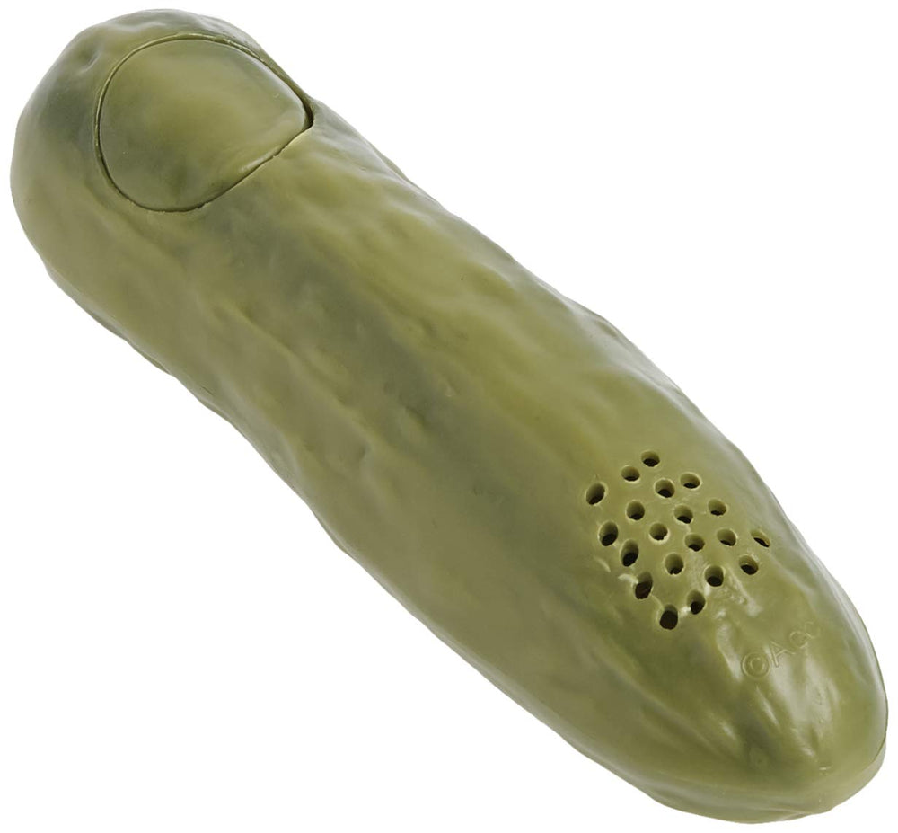 Archie McPhee Yodeling Pickle illustrated window box packaging.