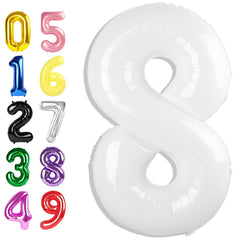 Argthjy 40-inch white number 8 foil balloon as a bold birthday focal point.