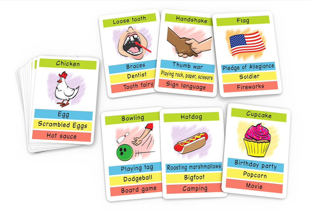 Close-up of Pocket Fun Charades cards showing two prompts for quick acting.