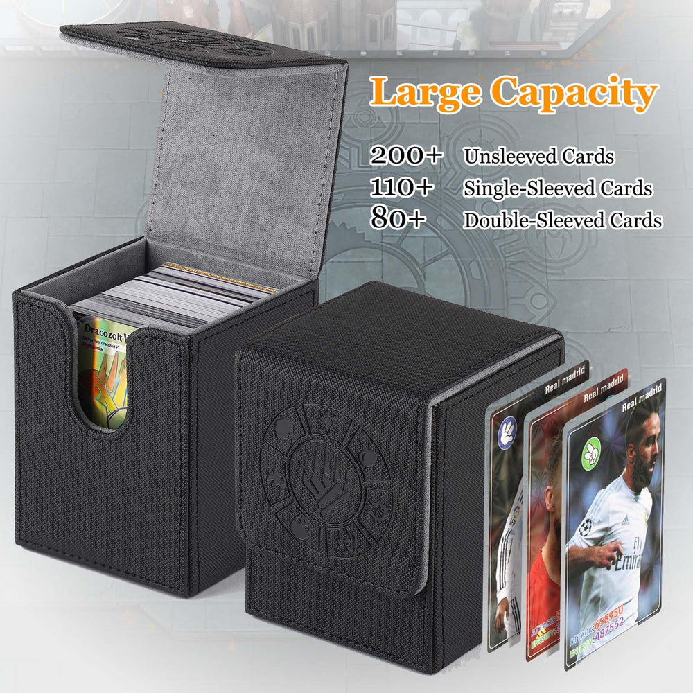 Arkeiliy deck box shows 150+ card capacity for easy organization.