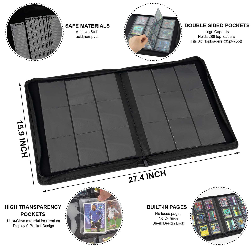Arkeiliy Toploader Binder capacity display emphasizes 288-card capacity for serious collectors.