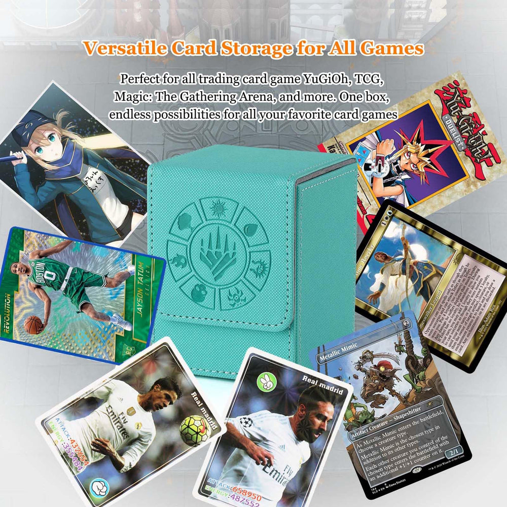Arkeiliy turquoise deck box on a gaming table for casual play.