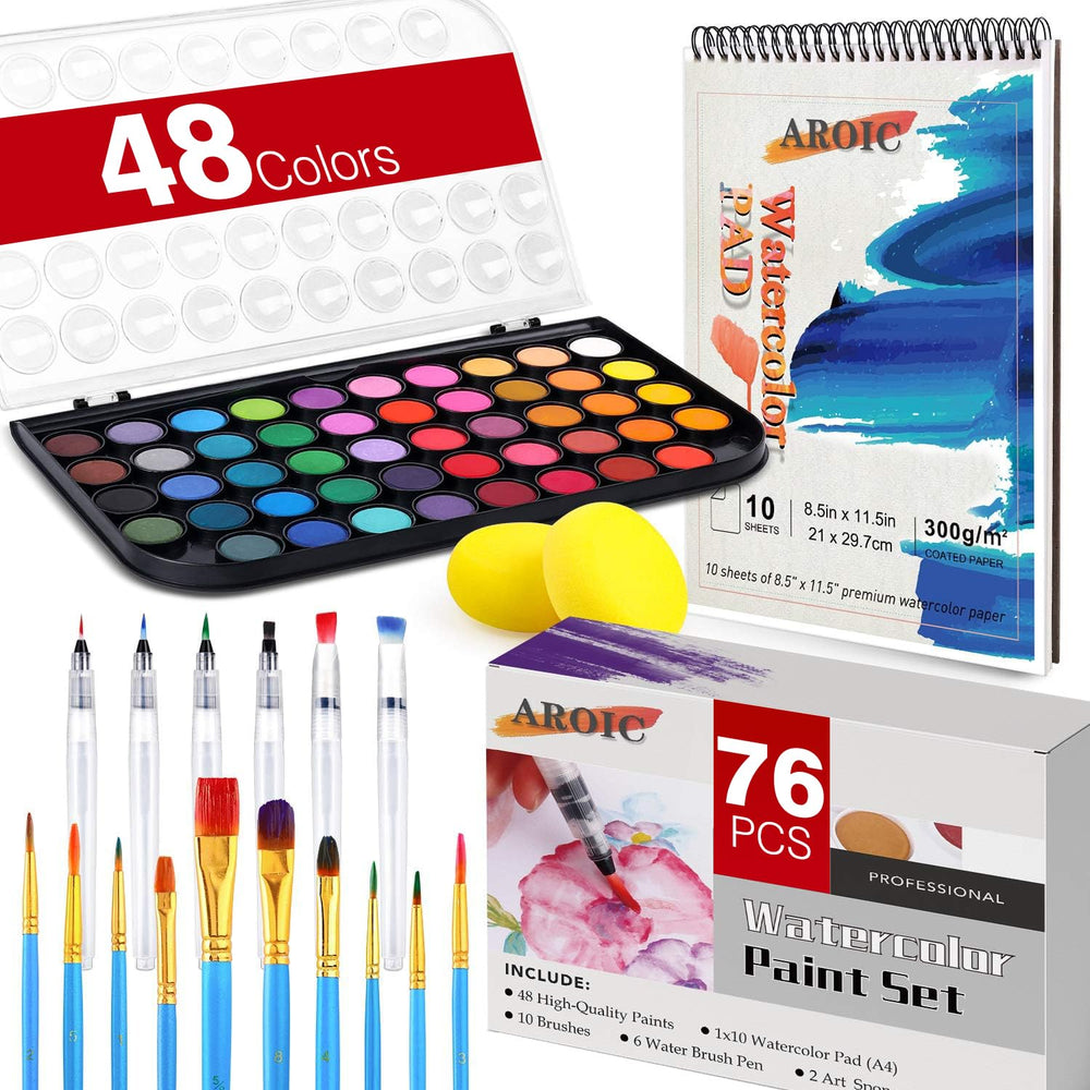 AROIC Watercolor Paint Set 48-color palette for vivid, smooth color blending.