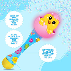 ArtCreativity Easter Chick Bubble Wand LED head lights during playtime.