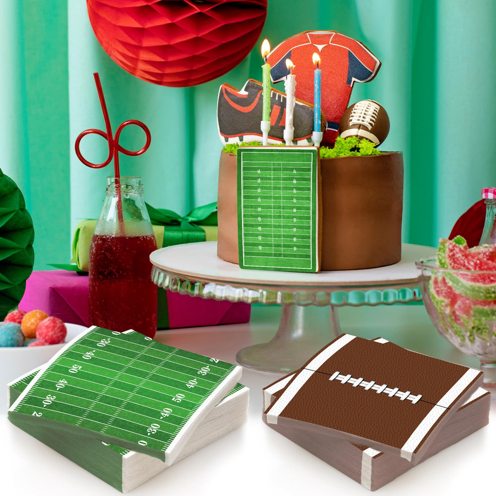 ArtCreativity football-party-decor-napkins coordinate with plates, banners, and tablecloths.