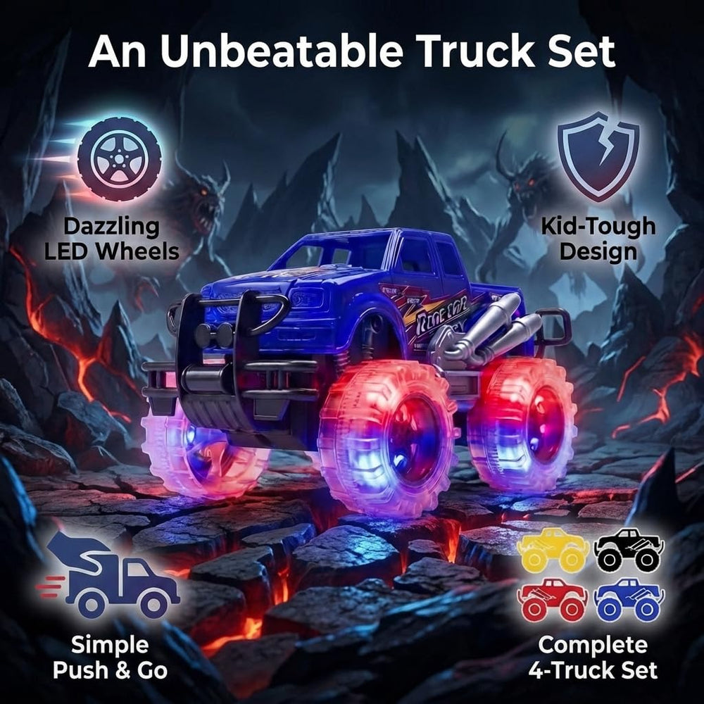 ArtCreativity light-up monster trucks with illuminated wheels for dynamic play.