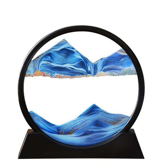Arthink Moving Sand Art Picture with round glass shows dynamic 7-inch blue scenery for desk relaxation.