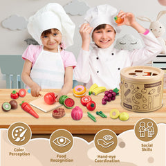 Arthopt wooden knives and cutting board enabling safe pretend slicing and motor practice.