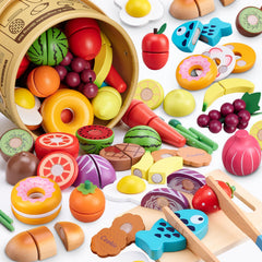 Arthopt wooden play food collection ready for imaginative meals and role-play.
