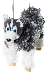 Artisan Owl husky puppet featuring sturdy wooden feet for stable posing.
