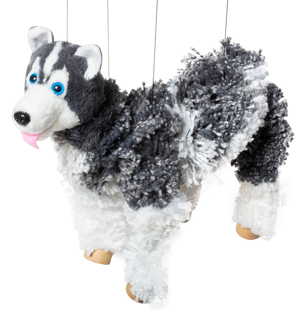 Artisan Owl Siberian Husky marionette puppet with yarn material and wooden feet, ideal for display.